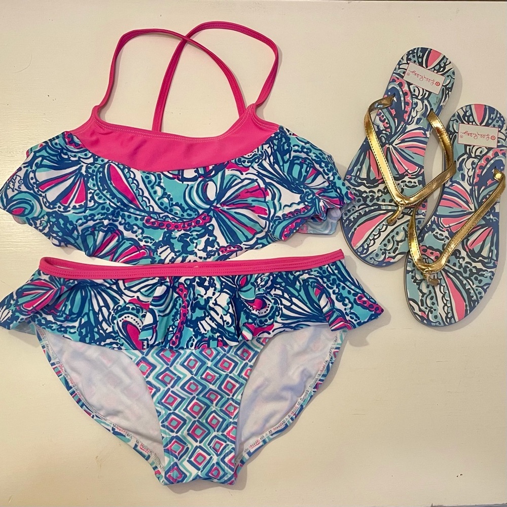Lilly Pulitzer GIRLS Swimsuit & Sandals 9.5 inches - Dancing Fans - Size 10/12